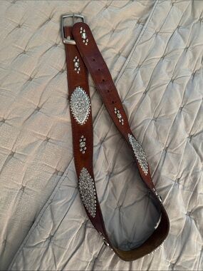 Brown Leather Women’s Studded Belt with Silver Accents